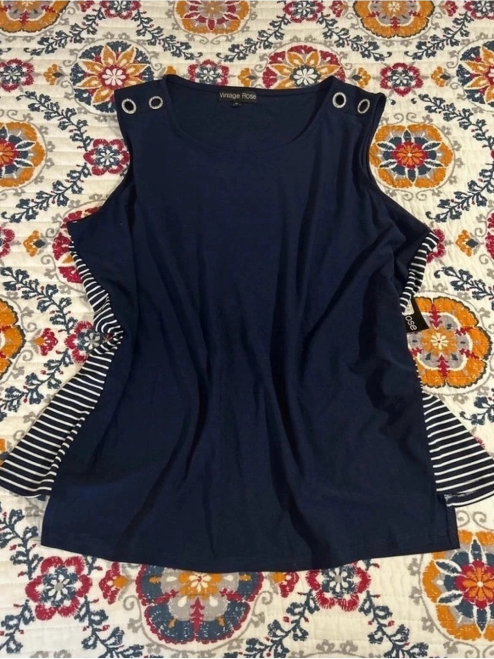 Vintage Rose Women’s Plus 2X Blue/White Striped Sleeveless Tank Scoop Grommet